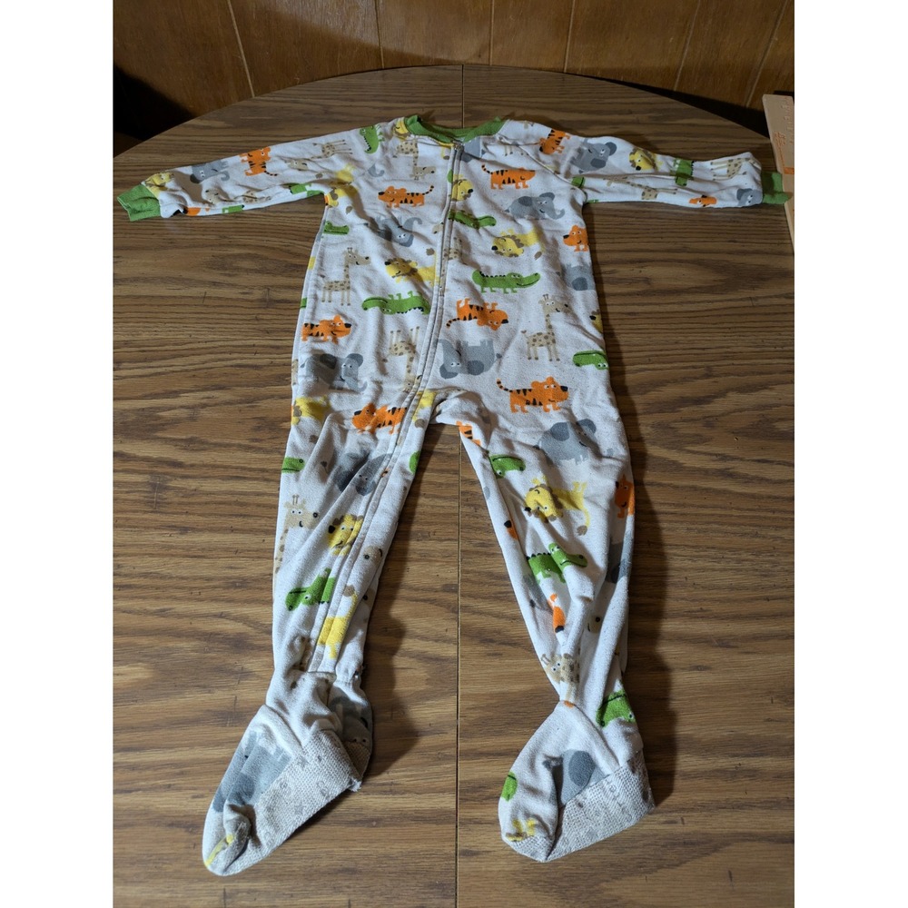 Carters Toddler 2T Fleece Footed Sleeper Jungle Animal Print Gray Green Zip Up
